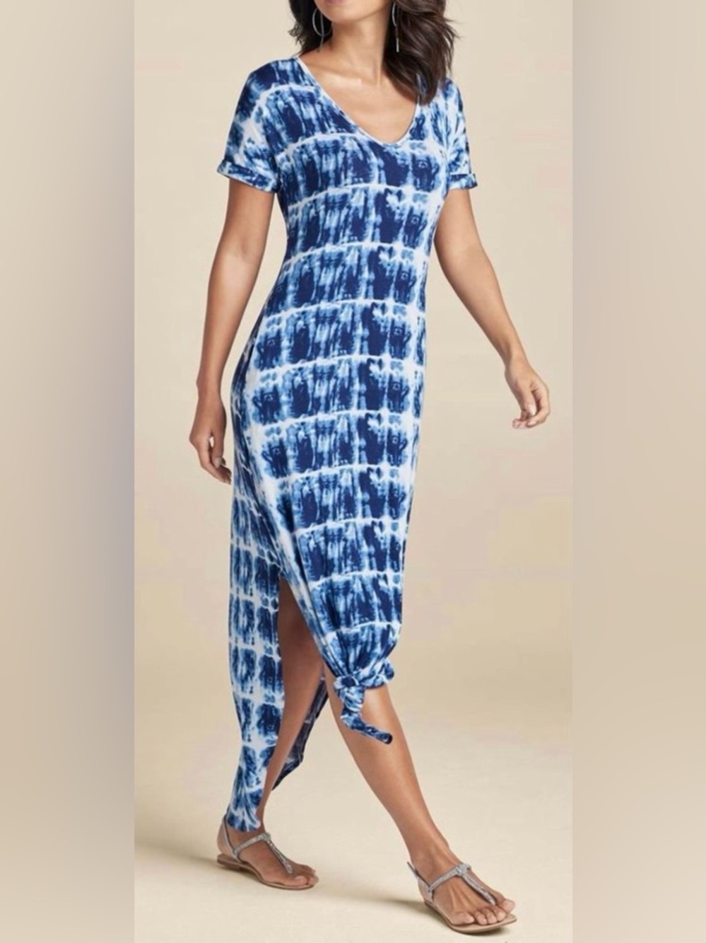 VENUS Blue and White Tie-Dye V-Neck Knot-Hem Maxi Dress